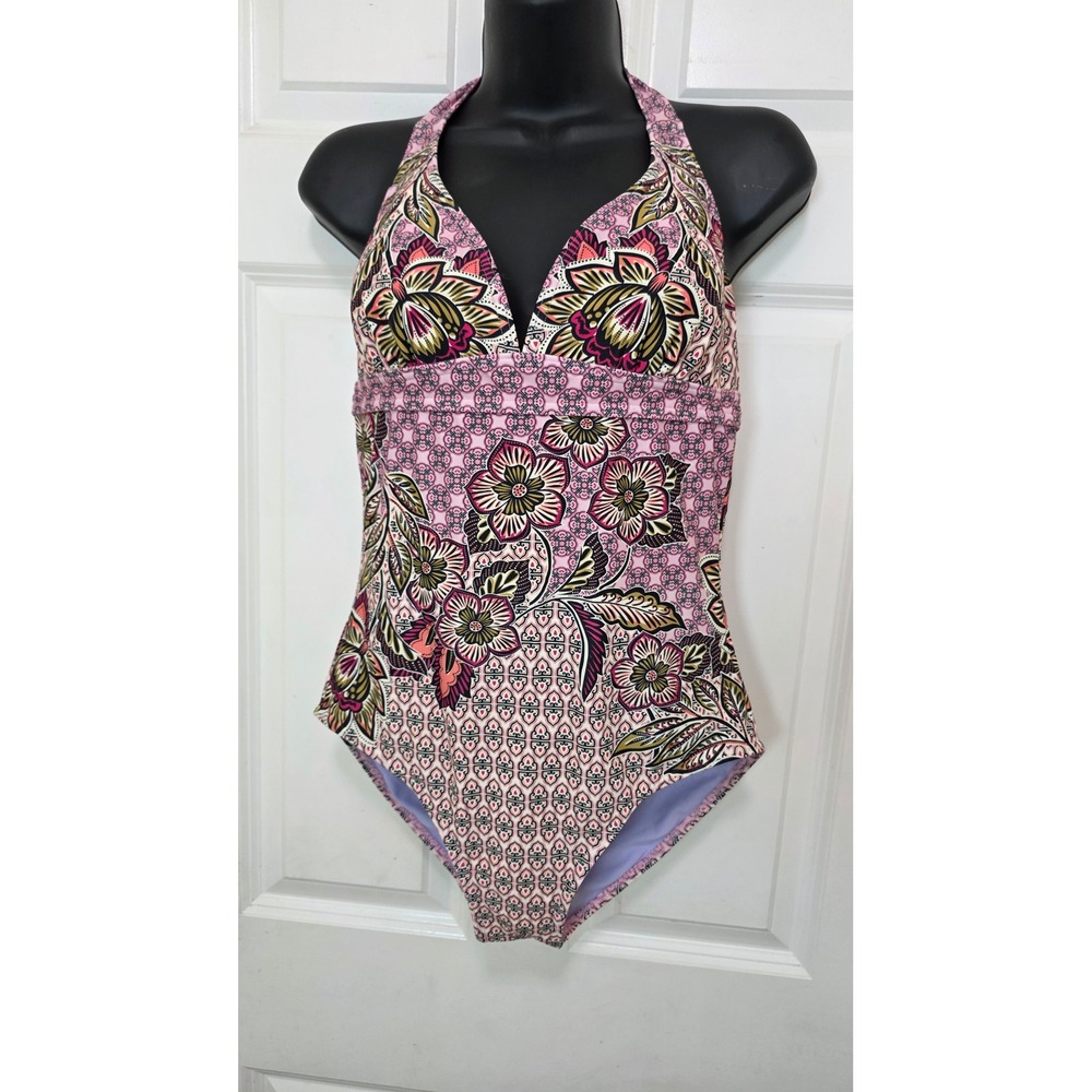Prana One Piece Swimsuit Women's M Pink Floral Halter Neck Swimwear Festival - Picture 2 of 5